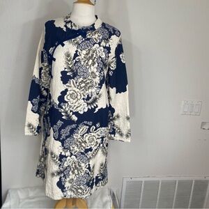 Minibee Womens Navy Cream Asian Floral Linen Mix Shift Dress Size Medium Coastal